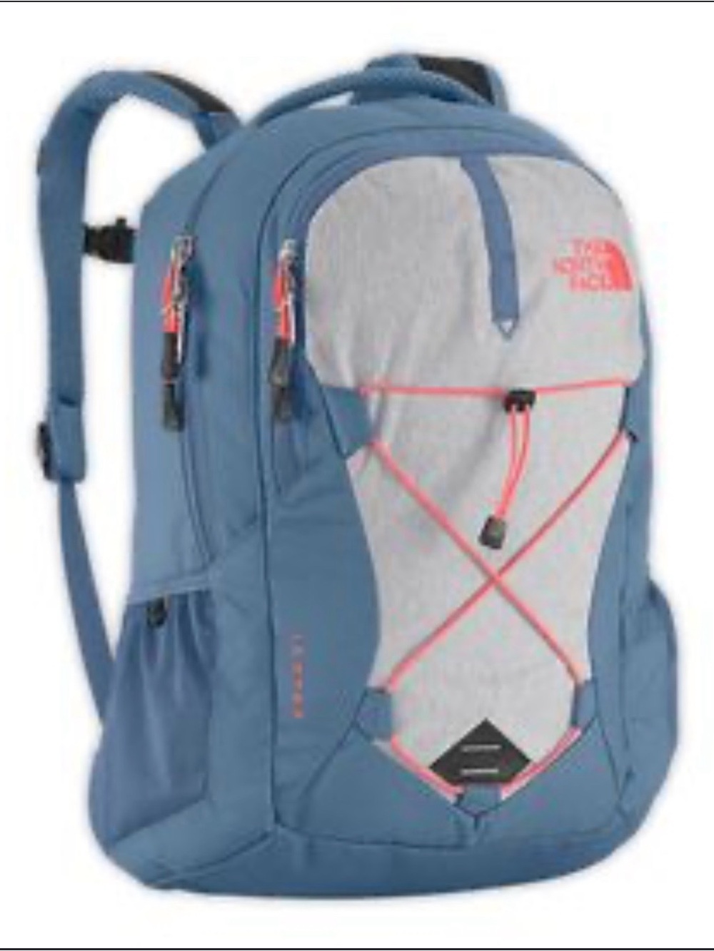 The North Face Blue and Light Gray Backpack with Pink Bungee